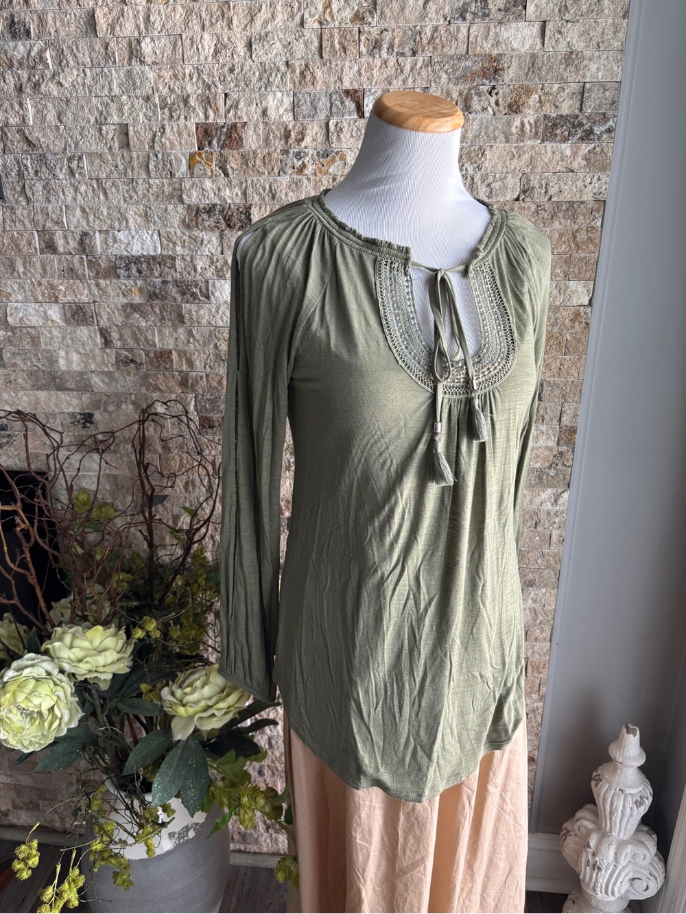 White House Black Market Olive Tie-Front Peasant Blouse